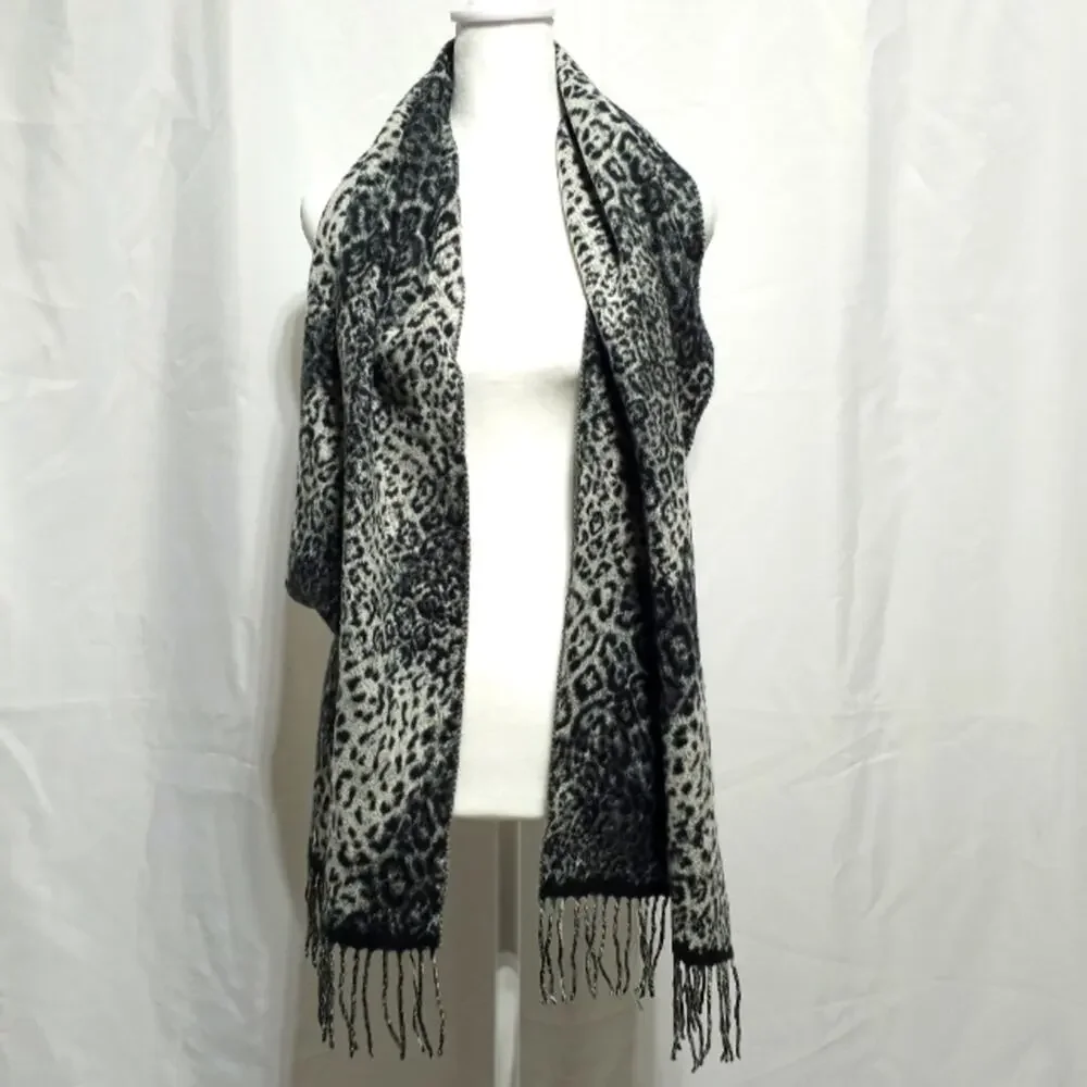 V. Fraas Cashmink Black & Gray Cheetah Print Scarf Elevated Statement